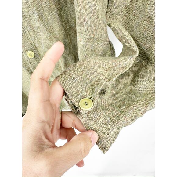 Flax Green 100% Linen Long Sleeve Collared Button Up Shirt Size Small - Picture 4 of 5